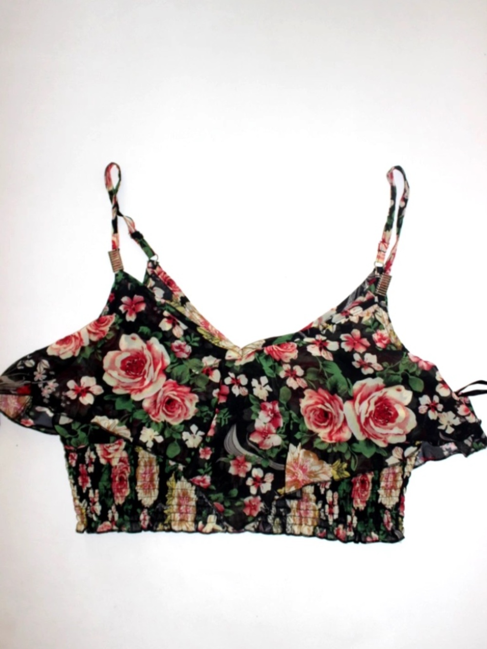 NWT Bebe 2b black Floral Straps Ruffle Smocked V Neck crop top XL